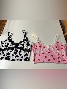 Set of 2 Lace Trim Crop Camis - Cow Print & Pink Strawberry, sz S